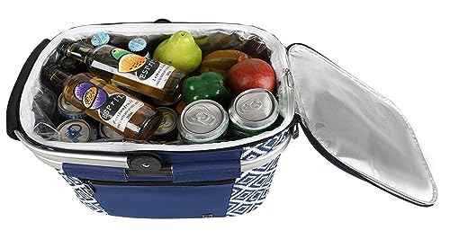 ALLCAMP Picnic Basket - Insulated Cooler, Thickening Foldable Picnic Basket with Removable Baskets & Sewn-in Frame, Basket for House Warming Gifts New Home(Rectangle Blue White) - color: Rectangle Blue White, size: Medium