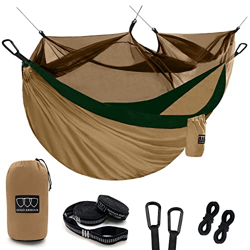 Gold Armour Camping Hammock - Camping Essentials, Double Hammock with Bug Net, Camping Gear Hammock for Outside, Hiking, and Travel (Khaki & Green) - color: Khaki & Green