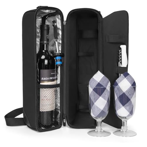 ALLCAMP Wine Bag - Insulated Cooler Bag with Wine Glasses, Bottle Opener & Wine Accessories for Wine Lovers - Portable Wine Gift Bag for Travel, Picnics, and Gift Ideas(Black) - color: Black, size: 1 Bottle