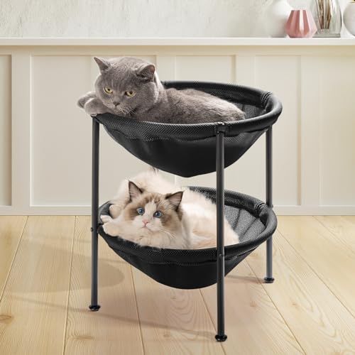 JUNSPOW Double Cat Bed Black, Breathable Pet Bed for 2 Cats with 4 Adjustable Feet & Anti-Slip Mats, Easy Assembly Cat Hammock for Multi-cat Household, Indoors & Outdoors, 22.8 in x18.7 in x 18.7 in - color: Black, size: 18.7"L x 18.7"W x 22.8"Th (Mesh)