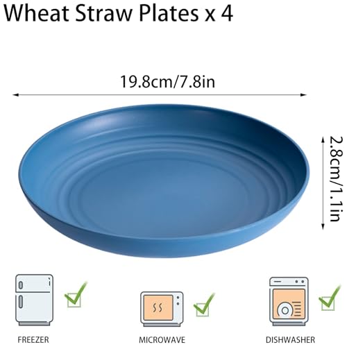 4 Pcs Wheat Straw Dinner Plates, 7.8 Inch Unbreakable Reusable Plastic Plates, Microwave & Dishwasher Safe, Lightweight Salad Dishes for Kitchen Camping, BPA Free (4 Colors) - color: 4 Colors