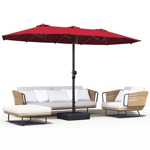 GDPFN 15FT Large Patio Umbrella with Base Included, Outdoor Deck Standing Umbrella with Crank Handle, Double-Side Rectangular Pool Umbrella for Outside, Market, Patio, Burgundy - color: Burgundy, size: With Base-no Led