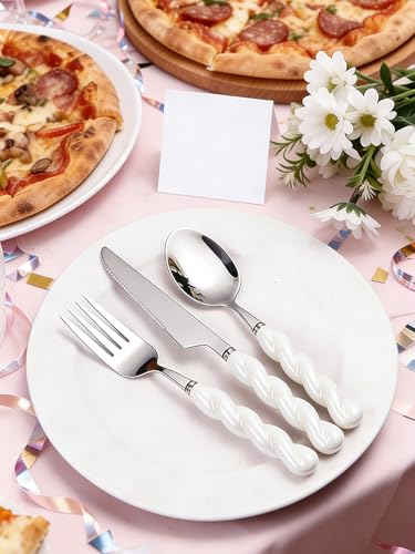 Stainless Steel Flatware Set, 4-Piece Heavy Duty Cutlery Set with Dinner Knife, Fork & Spoons, Tableware Gift for Daily Use Wedding Housewarming Baby Shower Birthday Gifts(White) - color: White