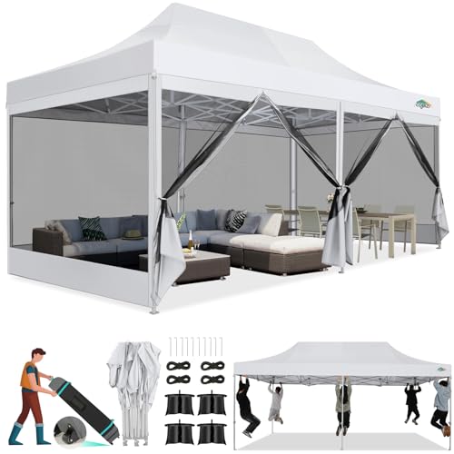 COBIZI 10x20 Canopy Tent, Heavy Duty Pop up Canopy with Sidewalls, Waterproof Easy Setup Tent with Mosquito Netting, Outdoor Instant Screen Tents for Parties, Wedding with Roller Bag, White - color: White, size: 10x20FT