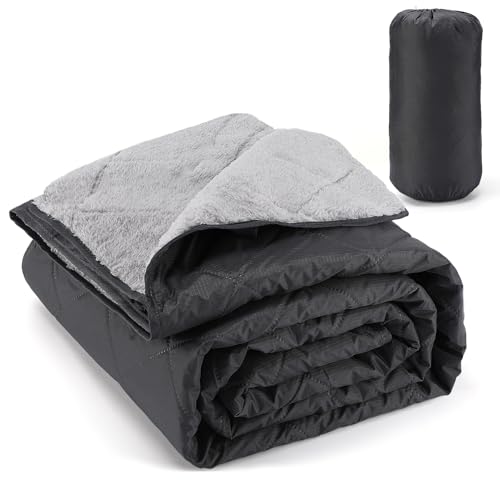 Aulock 55''W x 80''L Warm Outdoor Stadium Blanket Waterproof - Portable & Windproof Black Blanket with Sherpa Fleece Lining for Camping Winter Cold Weather