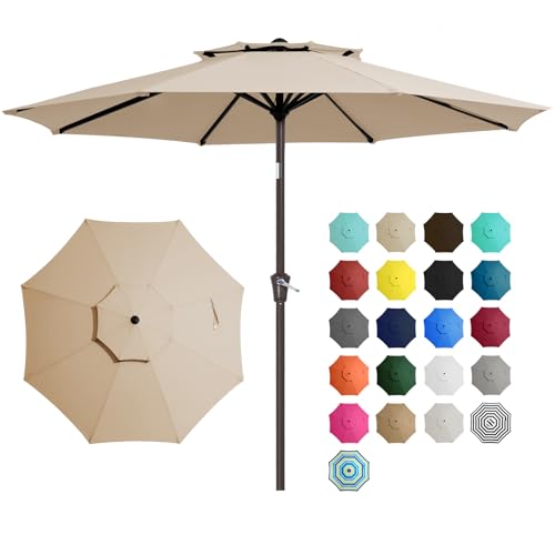 JEAREY 9 ft 2-Tiers Patio Umbrellas Outdoor Table Market Umbrella w/Push Button Tilt/Crank, 8 Sturdy Ribs, UV Protection Waterproof Sunproof(Beige) - color: Beige
