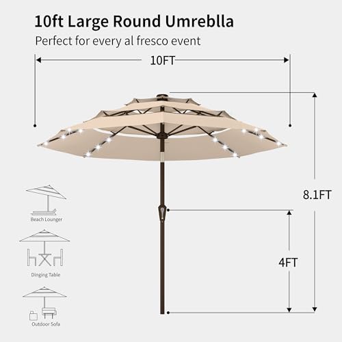 Kingdura 10ft 3-Tier Patio Umbrella with Solar Lights, Table Umbrella Outdoor Patio with Easy Crank & Tilt, 8 Sturdy Ribs, UV Protection, 32 LED Lights for Deck, Poolside, Market (Beige) - color: Beige-LED, size: 10 FT
