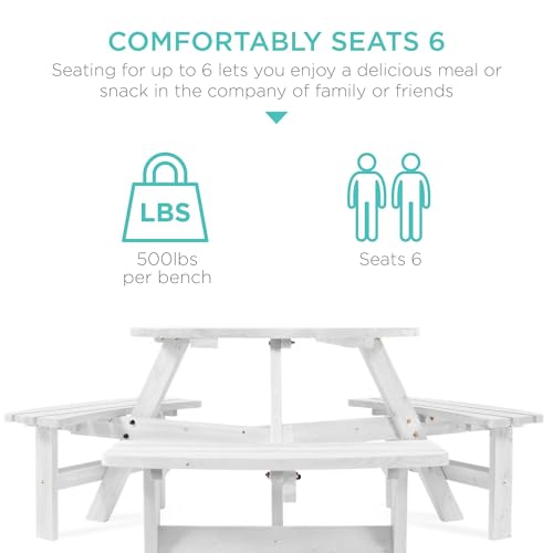 Best Choice Products 6-Person Circular Outdoor Wooden Picnic Table for Patio, Backyard, Garden, DIY w/ 3 Built-in Benches, 500lb Capacity - White - color: White