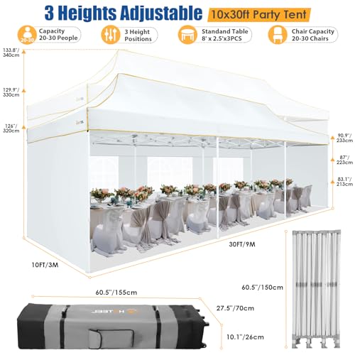 HOTEEL 10x30 Pop up Canopy Tent for Parties, Heavy Duty Easy Setup Tent with 5 Sidewalls, Outdoor Commercial Instant Gazebo for Wedding Event, with Roller Bag & Sand Bags, White(Hexagonal Frame) - color: White, size: 10x30FT (+5 Walls)