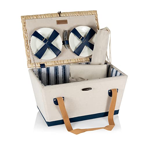 Picnic TIME Boardwalk Picnic Basket, Romantic Vintage English-Style Wooden Basket, Complete Deluxe Service for Four with Durable Canvas and Handwoven Lid - color: Beige Canvas With Navy Blue Accents for 4