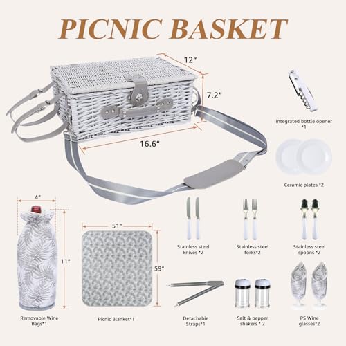 Picnic Basket for 2 with Blanket, Willow Picnic Basket Set with Shoulder Strap&Wine Pouch, Large Willow Hamper with Insulated Cooler for Outdoor, Camping, Beach, Couples, Wedding Gift - color: Gray Leaves
