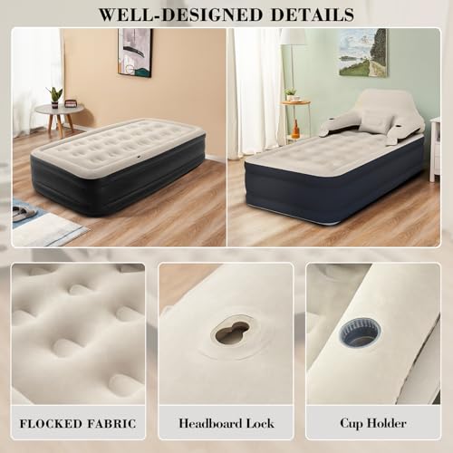 Twin Size Air Mattress Inflatable Bed with Pump and Headboard, Blow Up Mattress - size: Twin