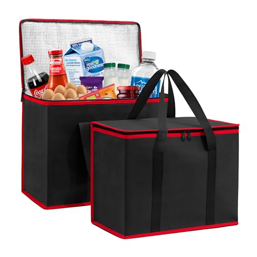Carrywell (Not Made In China) Insulated Reusable Grocery Bags, Catering and Delivery Bag For Hot and Cold Food, Collapsible Thermal Tote For Doordash - color: Black With Red Trim, size: 1 pack, style: XL Insulated