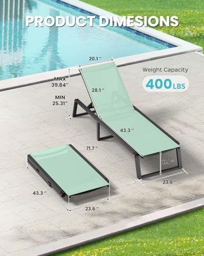 Aluminum Chaise Lounge Chair Outdoor, Foldable& No Assembly Patio Pool Lounge Chairs 5-Position Recliner for Outside, Fully Grounded Legs Sun Lounger for Poolside, Light Green - color: Light Green, size: 1