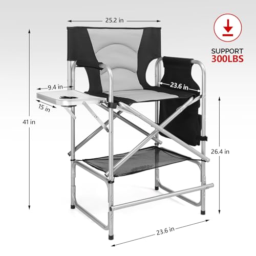mefeir Tall Camping Chair Makeup Artist Director Chair 26" Counter Height, Portable Folding Design with Side Table, Cup Holder & Side Storage Bag, Heavy-Duty Iron Frame (300 lbs Capacity) - color: Black/Gray, size: 26in