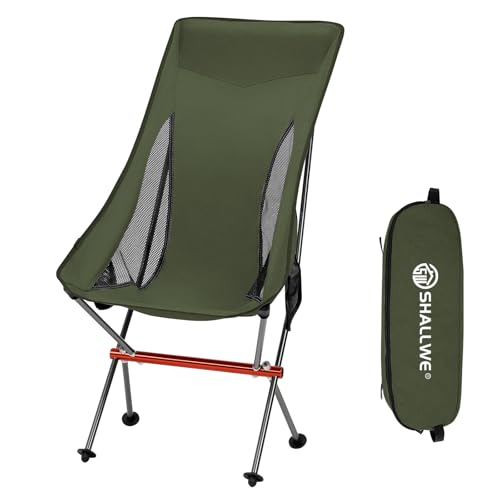 SHALLWE Camping Chairs, All Aluminum Frame Portable Folding Camp Chair for Adults, Heavy Duty High Back Collapsible with Built-in Pillow, Side Pocket, Carry Bag for Backpacking, Hiking, Beach - color: Green