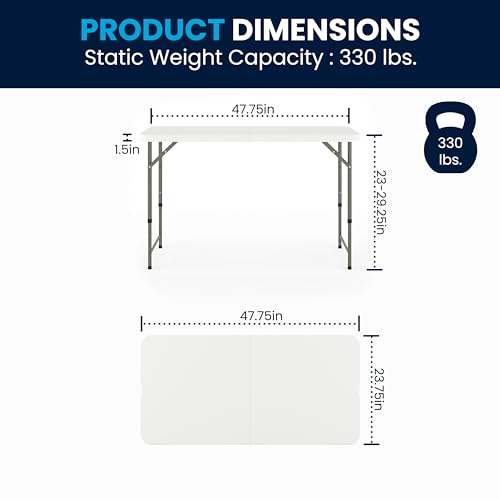 Flash Furniture 4' Rectangular Plastic Folding Event Table with Adjustable Legs and Carrying Handle, Bi-Fold Portable Banquet Table for Indoor/Outdoor Events, White