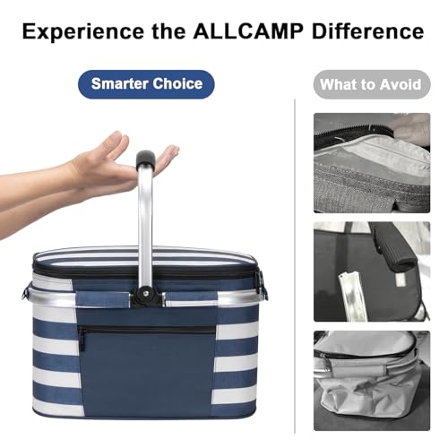 ALLCAMP Picnic Basket - Insulated Cooler, Thickening Foldable Picnic Basket with Removable Baskets & Sewn-in Frame, Basket for House Warming Gifts New Home(Blue White) - color: Blue White, size: Medium