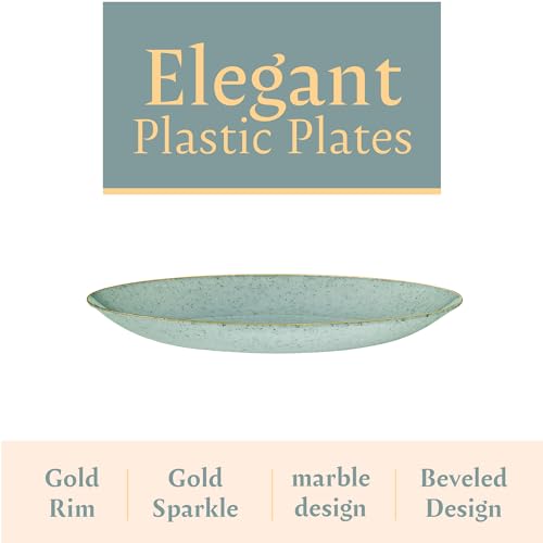 PLASTICPRO 32 Pack Elegant Disposable Plastic Plates Combo Set Includes 16 Dinner Plates and 16 Salad Plates Heavy Duty Fancy Party Plates Green Granite Plates with Gold rim - color: Granite Collection Green With Gold Rim