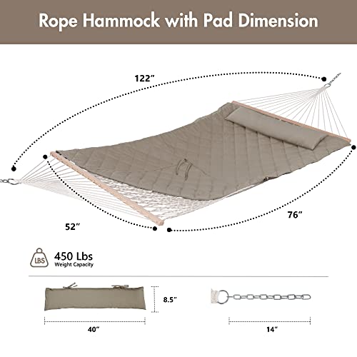 ANOW 2 Person Hammock with Spreader Bars, Rope Hammock with Pad for Outside, 450 LBS Weight Capacity, Light Brown - color: Light Brown, size: Without Stand