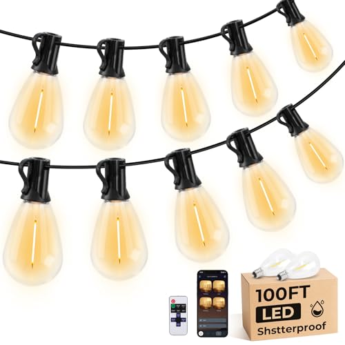 GvvooHome 100FT S11 LED Outdoor String Lights with App & Remote, Low-Voltage Patio Lights with Music Sync, 4 Lighting Modes, Dimmable, Waterproof LED Lights for Backyard, Porch, Garden, Deck, Party - size: 100FT-APP