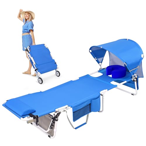 Wheel-To-Go Oversized Tanning Chair with Face Hole & Wheels | Portable Heavy Duty Folding Lounge Chair | Outside Sunbathing Reading Relaxing Beach Poolside Lawn | XL Wide | 330 LBS (Patent Design) - color: Royal Blue, style: Oversized + Sun Canopy Style