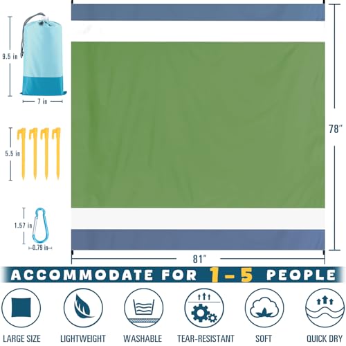 Beach Blanket 78''×81'' Suits 1-5 Adults Waterproof Sandproof Oversized Lightweight Blanket Packable Large Picnic Mat for Beach Travel Camping Picnic Hiking - color: Army Green, size: 78''x81''