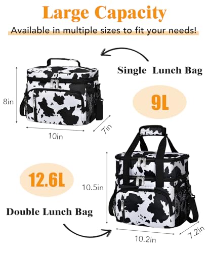 Insulated Lunch Bag for Women, Double Leakproof Lunch Box Soft Cooler Tote with 5 Pockets, 600D Oxford, EVA Lining, Adjustable Strap for Work, Picnic, Beach&Travel-Cow Print - color: Cow Pattern, size: Double