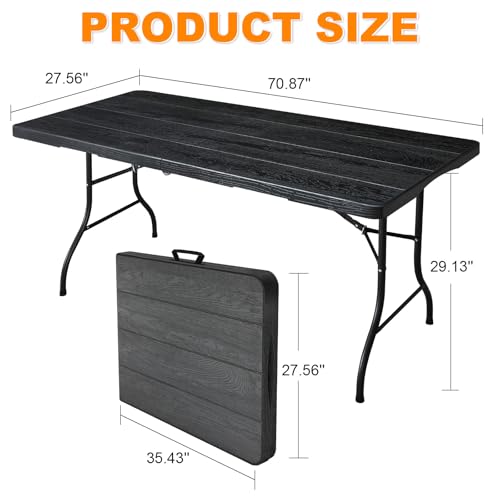 6ft Folding Table, Portable Heavy Duty Plastic Fold-in-Half Utility Table for Indoor/Outdoor Use, Dining, Camping, Picnic, Party, Black Woodgrain - color: Black Woodgrain