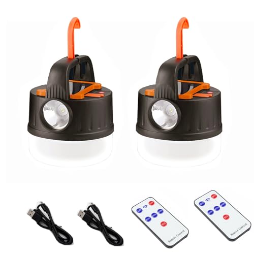 Camping Tent Light LED Solar Lantern Bulb with Remote Control Hanging Waterproof Rechargeable 5000LM Flashlight Portable 5 Lighting Modes 4 Power Display Outdoor Hurricane Power Outage 2 Pack - color: Black-2set