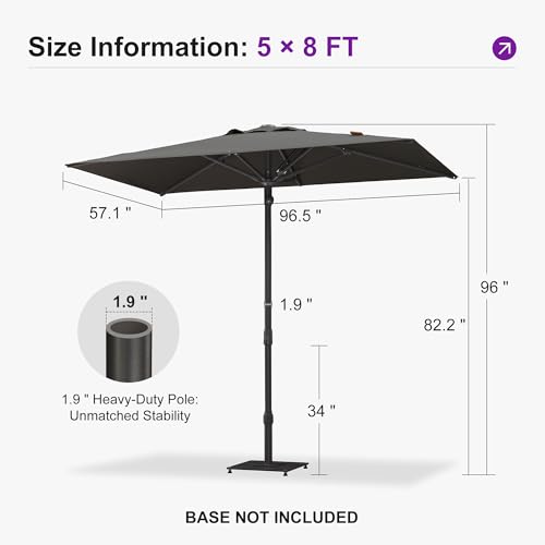 PURPLE LEAF 8' x 5' Rectangular Semi-Auto Outdoor Patio Umbrella Aluminium Market Umbrella Table Sun Umbrella with 1.89" Rod and 6 Sturdy Ribs for Deck Lawn Pool Garden, Gray - color: Gray, size: 5' x 8'