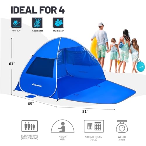 EchoSmile Pop Up Tent for 4 Person Family, Beach Tent Sun Shelter with UPF 50+ UV Protection & Waterproof, Lightweight & Easy Automatic Setup Portable Cabana for Outdoor Travel (Dark Blue) - color: Dark Blue