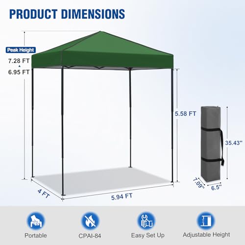 6x4 Pop Up Canopy Tent, Instant Portable Beach Canopy, Outdoor Tent with Carry Bag for Camping, Sports, Tailgating, Events, Green - color: Green, size: W/O Wall