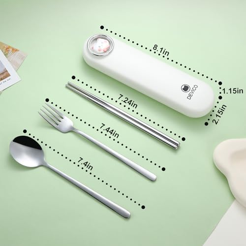 DEVICO Travel Utensils with Case Cute, Reusable Silverware for Lunch, Portable Cutlery Set, 18/8 Stainless Steel Fork Spoon Chopsticks in Cartoon Case, Dishwasher Safe (White) - color: White