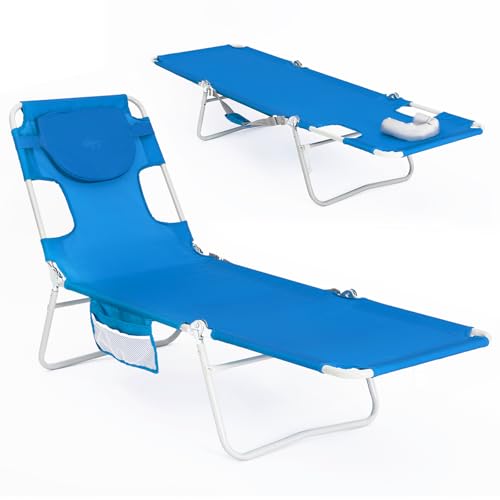 #WEJOY Folding Tanning Chair with Face Hole, 5-Position Face Down Beach Lounge Chair for Sunbathing, Lightweight Portable Outside Recliner with Side Pocket & Shoulder Straps for Pool, Patio, Blue - color: Readease-face Hole Blue, style: ReadEase 5 Positio