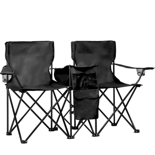 Double Folding Camping Chair W/Umbrella Fold Up Table Beverage Holder Carrying Bag Cooler for Patio Pool Park Outdoor Beach, Picnic, Portable (Black) - color: Black