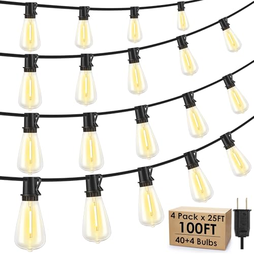 Larkvue 100FT(4x25FT) Outdoor String Lights, Patio Lights with 40+4 LED Dimmable Waterproof Linkable ST38 Edison Bulbs for Gazebo Camping Party, Black - color: Black, size: 100FT