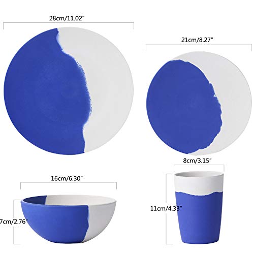 MORGIANA Bamboo Dinnerware Set, 8-Pieces Reusable Tableware Set, Eco-Friendly Plates, Cups, Bowls for Camping Picnic Outdoor Party (blue & white) - color: Blue & White