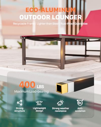 Chaise Lounge Chair Outdoor,Aluminum Patio Lounge Chairs,Lounge Chairs with 5 Adjustable Backrest for Outside Beach Lawn and Backyard,Red - color: Red, size: 1 Chair