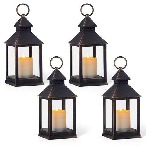 Vintage Golden Brushed Black Lantern Decorative LED Flickering Flameless Candle with Timer, Battery Powered LED Decorative Hanging Lanterns for Indoor Outdoor Garden Yard Home Decor(4 Pack) - color: A-Black gold, size: 4Pack