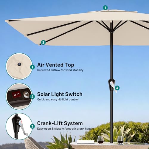 AreShark 8' X 10' Rectangular Patio Umbrella with Solar Lights, Lighted Solar Umbrella with Crank, Outdoor Table Umbrella for Garden, Deck, Backyard, Pool and Beach, Cream-White - color: Cream-White, size: 8 X 10 Ft
