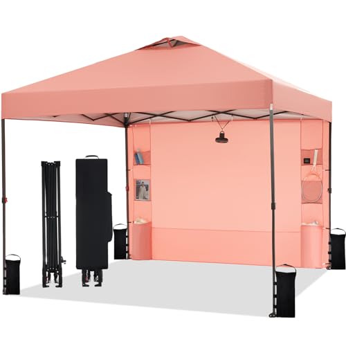 Tunbne 10'x10' Pop Up Canopy Tent with 1 Sidewall and 6 Pockets, One Push Setup, Instant Shade Tent with Vented Roof for Beach Patio Outdoor, Case, 8 Stakes, 4 Ropes, 4 Sandbags (Ocher, 10x10) - color: Ocher, size: 10x10