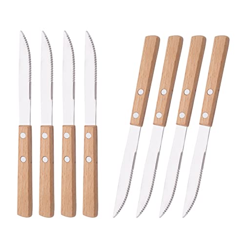 Dinner Knives Set of 8-8.15 inches Wooden Serrated Knives - 304 Stainless Steel Flatware with Square Wood Handle, Mirror Polished - size: Pack of 8
