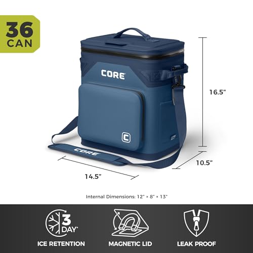 CORE Magnetic Leak Proof Soft Cooler with Waterproof Zipper | Insulated Bag Portable Ice Chest Box | Best Soft Cooler for Food & Beverages for Tailgating, Car Camping, Travel, and Family Beach Picnics - color: Navy, size: 36 Can