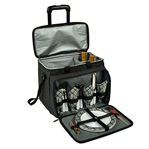 Picnic at Ascot Original Insulated Picnic Cooler with Service for 4 on Wheels-Designed & Assembled in The USA - color: Charcoal