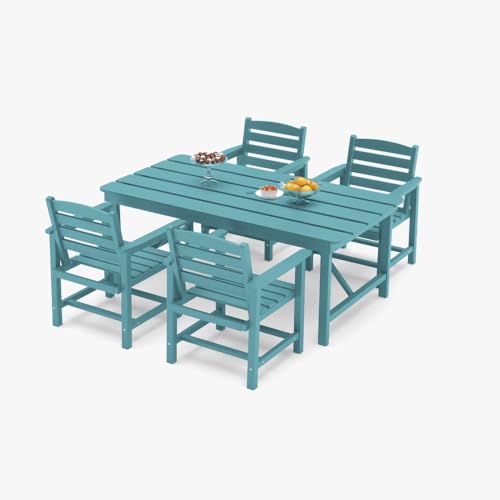 Outdoor HDPE Dining Set 5 Pieces, Patio Table with Umbrella Hole and 4 Chairs, All Weather Patio Furniture for Lawn, Garden, Backyard, Deck, Poolside, Heavy Duty Outdoor Dining Table and Chairs, Blue - color: Aruba Blue, size: 5-Piece (1 Table + 4 Chairs)