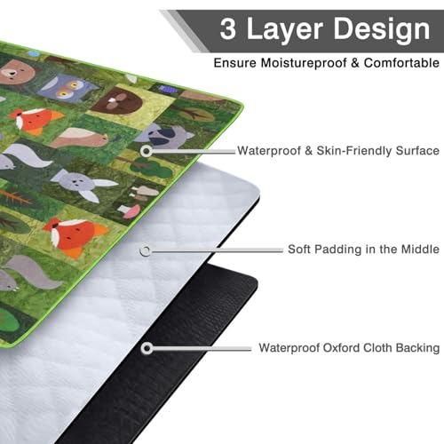 Supfitness Extra Large Picnic Blankets Waterproof Foldable (60"x 80") Boho Beach Blanket Waterproof Sandproof,3-Layer Thicking Mat Outdoor Packable Camping Blanket - color: Green-animal, size: 5' x 6'8" (Rectangular)