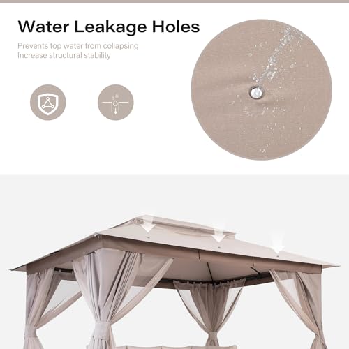 LAUSAINT HOME Gazebo 10x13ft, Heavy Duty Patio Gazebo with Expansion Bolts, Party Canopy Tent with Double Roofs, Mosquito Nettings and Privacy Screens for Backyard, Garden, Lawn, Khaki - color: Khaki, size: 10'x13'