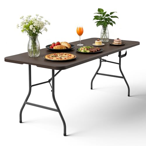 Folding Table 72" x 30" - Heavy Duty Plastic Table with Handle, Foldable&Portable, Fold-in-Half Utility Tables for Outdoor, Dining, Wedding, Events, Indoor, Picnic, Camping, Party, Brown - color: Brown, size: 72in x 30in
