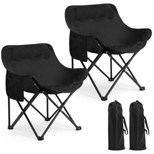 2 Pack Compact Camping Chairs Portable Folding for Outside with Carry Bag Lightweight Moon Chairs for Travel Picnic Hiking Beach Fishing, 600D Oxford, Supports 330lbs(Black) - color: Black
